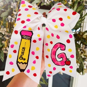 Pencil Themed School Hair Bow | Hand Painted Hair Bow | Back To School Bow | Custom Name Hair Bow |