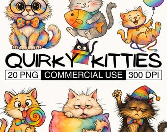 20 Quirky And Funny Cats Clipart Bundle Pack| 300 DPI Transparent Background PNG| Commercial Use| Watercolor Clipart| Cats and Kittens