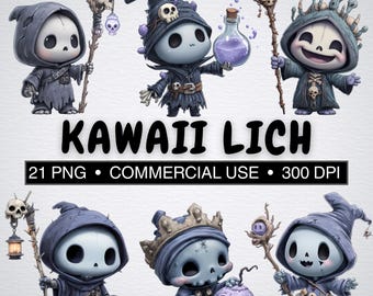 21 Kawaii Lich Clipart Bundle| Chibi Necromancer| Cute Spooky Undead Mage Stickers| 300 Dpi PNG| Commercial Use| Sublimation & Crafts