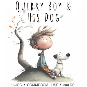 15 Quirky Boy & His Dog Clipart Bundle Pack|  300 DPI High Res JPG|Commercial Use| Watercolor Clipart| Junk Journal | Digital Download