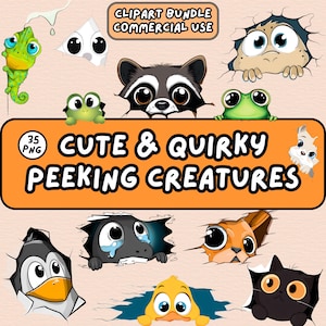 35 Cute & Quirky Peeking Creatures Clipart Bundle Pack| High Quality Transparent Background PNG| Commercial Use| Cartoon Clipart