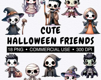 18 süße Halloween Freunde Clipart | Chibi Monster | Gruselig| 300 DPI transparenter Hintergrund PNG | Kommerzielle Nutzung| Aquarell Clipart