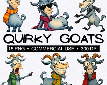 15 Quirky And Funny Goats Clipart Bundle Pack| 300 DPI Transparent Background PNG| Commercial Use| Watercolor Clipart| Quirky Animal