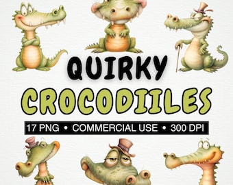 Quirky Crocodiles Clipart Bundle| 17 Cute Alligator PNG At 300 DPI| Funny Dapper Gator Graphics| Commercial Use| Digital Download