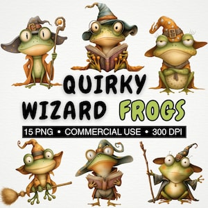 Puede incluir: Ilustración digital con seis personajes de ranas caprichosas vestidas como magos. Las ranas llevan sombreros puntiagudos, túnicas y algunas sostienen varitas o libros. El texto "Quirky Wizard Frogs" se muestra de forma destacada.