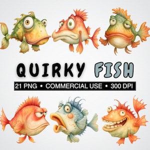 Może przedstawiać: Kolekcja sześciu ilustracji ryb z kreskówek w różnych kolorach, w tym zielonym, pomarańczowym i niebieskim. Tekst "QUIRKY FISH" jest wyświetlany nad czarnym banerem z napisem "21 PNG • COMMERCIAL USE • 300 DPI".