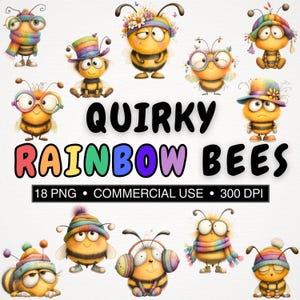May include: A vibrant illustration featuring a group of cartoon bees, each with unique accessories like hats and scarves. The text "Quirky Rainbow Bees" is displayed, alongside information about the image's format and commercial use rights.