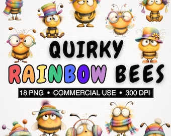 Quirky Rainbow Bees Clipart Bundle| 18 Cute Bumblebee PNG At 300 DPI| Whimsical Cartoon Graphics With Full Commercial Use| Digital Download