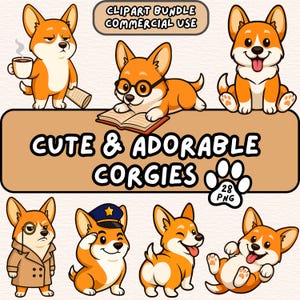 28 leuke, grappige en schattige Corgi-clipartbundelpakket | 300 dpi transparante achtergrond, png | Commercieel gebruik| Schattige hond cartoon clipart