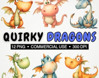 May include: A collection of whimsical dragon illustrations in various colors, including orange, pink, green, and blue. The image includes the text "Quirky Dragons," "12 PNG," "Commercial Use," and "300 DPI."