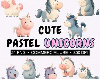 Lindos unicornios pastel (imágenes prediseñadas) / 21 animales fantásticos PNG a 300 DPI / Uso comercial / Arte infantil para decoración de bebés e invitaciones