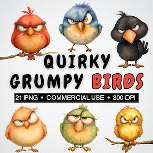 May include: A digital illustration featuring six cartoon birds with grumpy expressions. The birds are in various colors, including red, blue, black, orange, green, and yellow. Text reads "Quirky Grumpy Birds" with details about the image file.