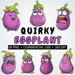 39 Quirky Eggplant Clipart Bundle| Funny Aubergine Emotions PNG| 300 DPI| Cute Cartoon Vegetable Graphics| Commercial Use| Digital Download