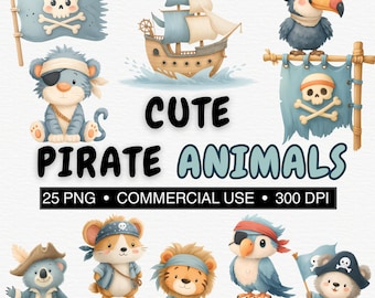 Cute Pirate Animals Clipart Bundle| 25 Nursery Wall Art PNG At 300 DPI| Commercial Use| Baby Pirate Decor| Pirate Ship, Flag, Parrot, Panda