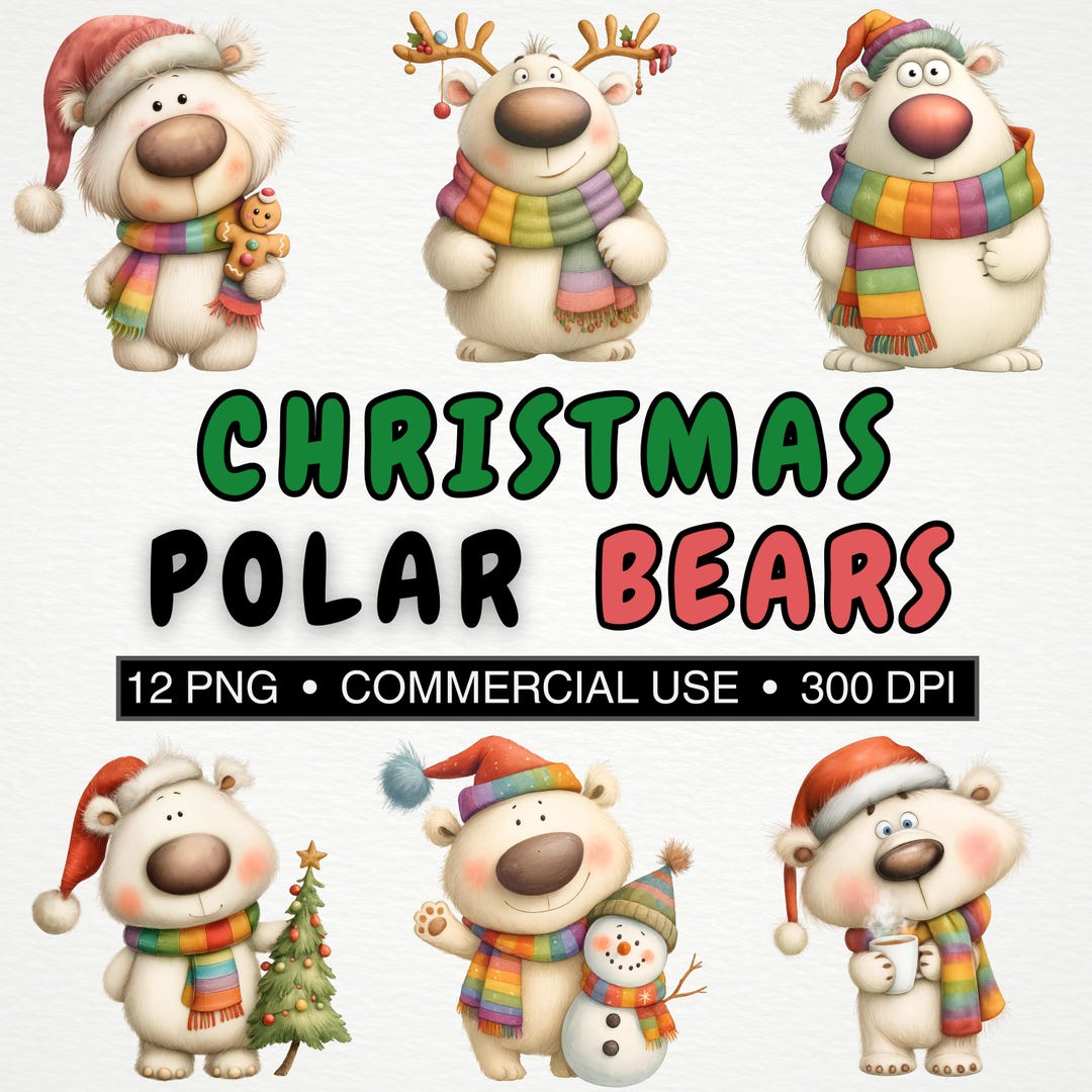 Christmas Polar Bears Clipart Bundle| 12 Cute Holiday Animals PNG at ...