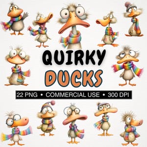 Quirky Ducks Clipart Bundle| 22 Funny Bird PNG At 300 DPI| Cute Cartoon Farm Animal With Rainbow Scarf| Commercial Use| Digital Download