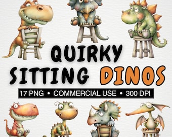 Quirky Sitting Dinosaurs Clipart Bundle| 17 Funny Dino On Stool and Chair PNG At 300 DPI| Cute T-Rex and Triceratops| Commercial Use|Digital