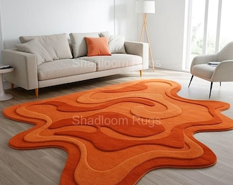 Tapete de lã tufado à mão: design ondulado abstrato laranja