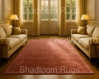 Alfombra de seda tejida a mano: color rosa sólido y azul marino