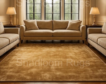 Solid Silk Hand Tufted Golden Brown Rug: Living Room and Bedroom Decor Carpet