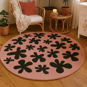 Runder Rosa Blumenteppich, Handgetufteter Wollteppich mit Schwarzem Blumenmuster für Wohnzimmer und Schlafzimmer
