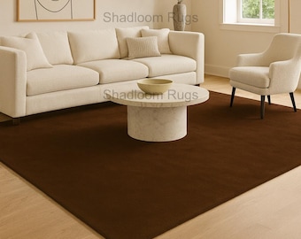 Alfombra de lana marrón tejida a mano: Alfombra moderna minimalista