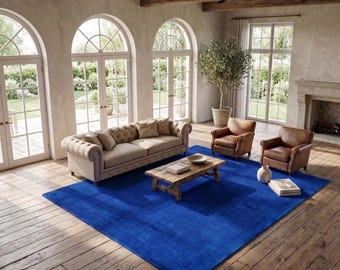 Solid Blue Wool Area Rug Hand Tufted Modern Minimalist Carpet