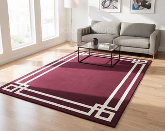 Hand Tufted Wool Rug: Maroon Geometric Border, Modern Home Accent