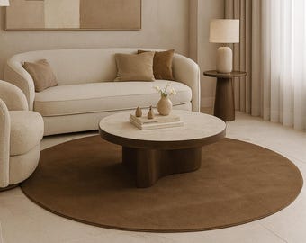 Hand Tufted Brown Wool Round Rug, Minimalist Modern Plush Carpet