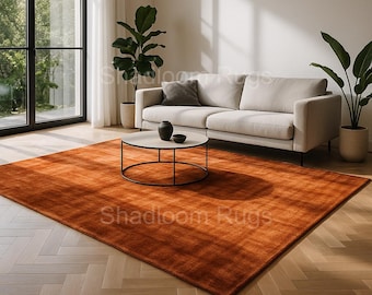 Alfombra de seda color naranja quemado - Moderna alfombra minimalista de color liso con mechones hechos a mano