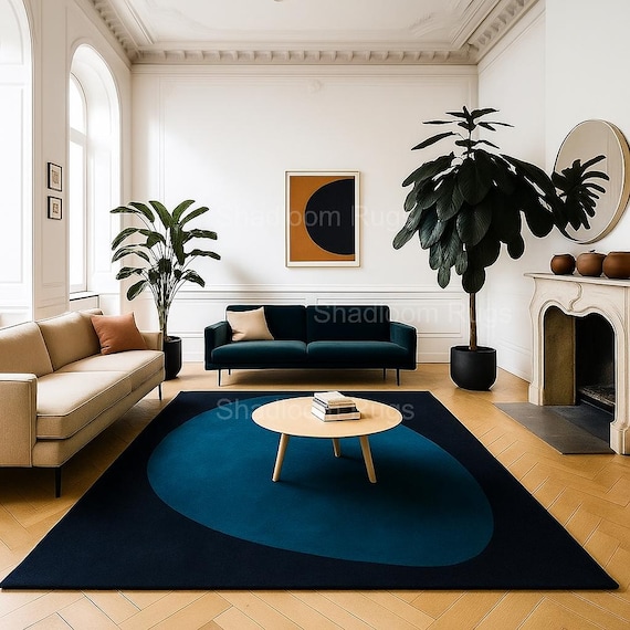 Hand Tufted Abstract Blue Navy Rug Modern Geometric Living Room Wool Area Carpet