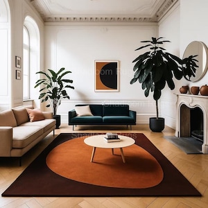 Dywan geometryczny z wełny tuftowany ręcznie: rdzawo-pomarańczowy i brązowy, styl Mid Century Modern