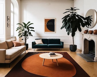 Hand Tufted Wool Geometric Rug: Rust Orange & Brown Mid Century Modern Carpet