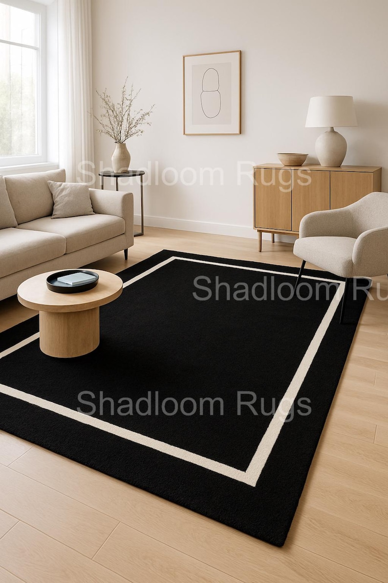 Black and White Border Hand Tufted Wool Rug: Modern Minimalist Carpet ...