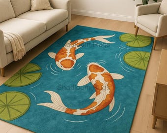 Koi Fish Hand Tufted Wool Area Rug with Pond Design