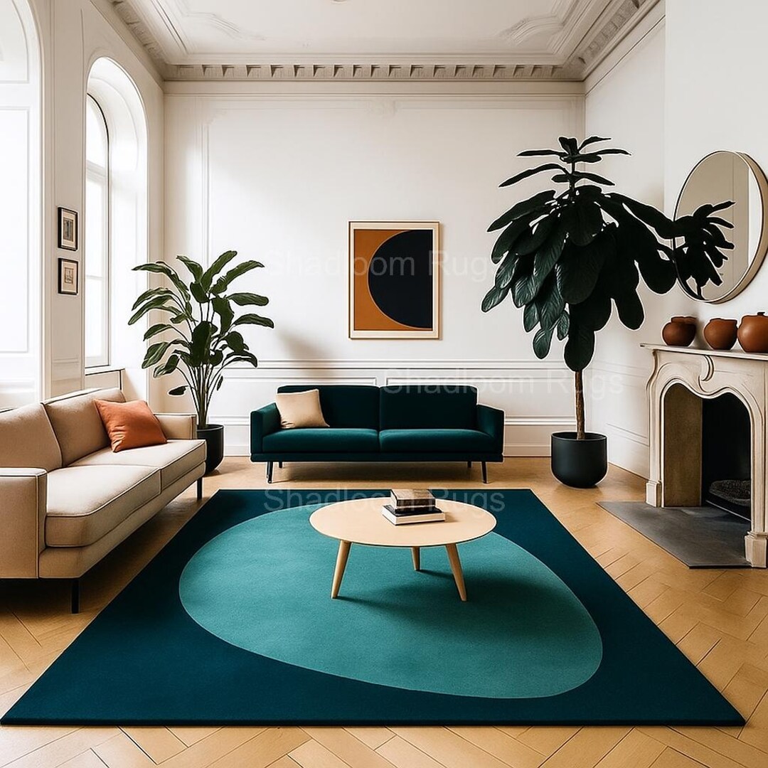 Hand Tufted Abstract Teal Rug Modern Geometric Living Room Wool Area ...