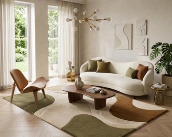 Hand Tufted Abstract Wool Rug, Organic Modern Carpet in Sage Green and Ivory