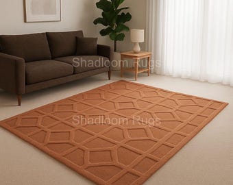 Hand-Tufted Wool Area Rug: Terracotta Geometric Design, Modern Minimalist Decor