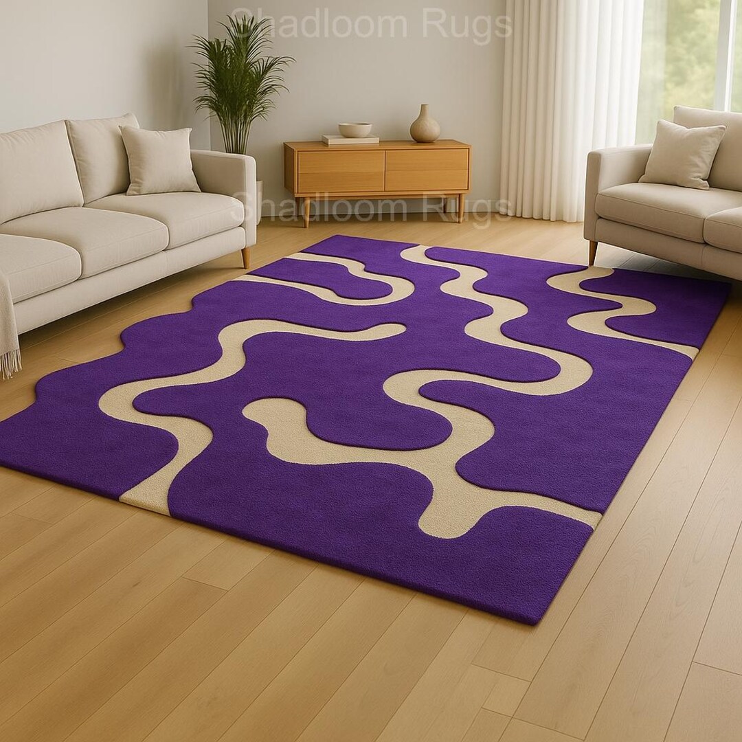 Purple Cream Hand Tufted Wool Rug - Modern Wavy Pattern for Living Room ...