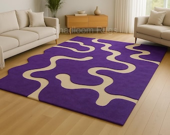 Purple Cream Hand Tufted Wool Rug - Modern Wavy Pattern for Living Room Decor Carpet