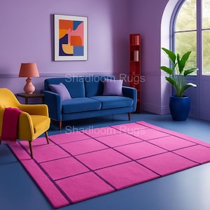 Pink Grid Area Hand Tufted Rug – Modern Colorful Carpet for Bold Living Room Decor, Vibrant Hot Pink and Purple Minimalist Rug