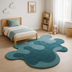 Modern Teal Blue Irregular Hand Tufted Wool Rugs For Bedroom, Abstract 6x9 8x10 Living Room Kids Room Tuft Rugs, Custom Dining Area Carpet