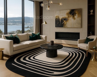 Black and Cream Geometric Rug: Hand Tufted Wool Modern Living Room Carpet