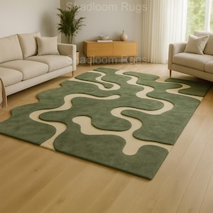 Abstract Green Wool Area Rug Hand Tufted Modern Living Room Statement Carpet Decor