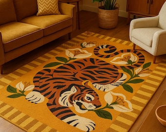 Hand-Tufted Wool Bengal Tiger Rug: Bohemian Mustard Yellow Decor