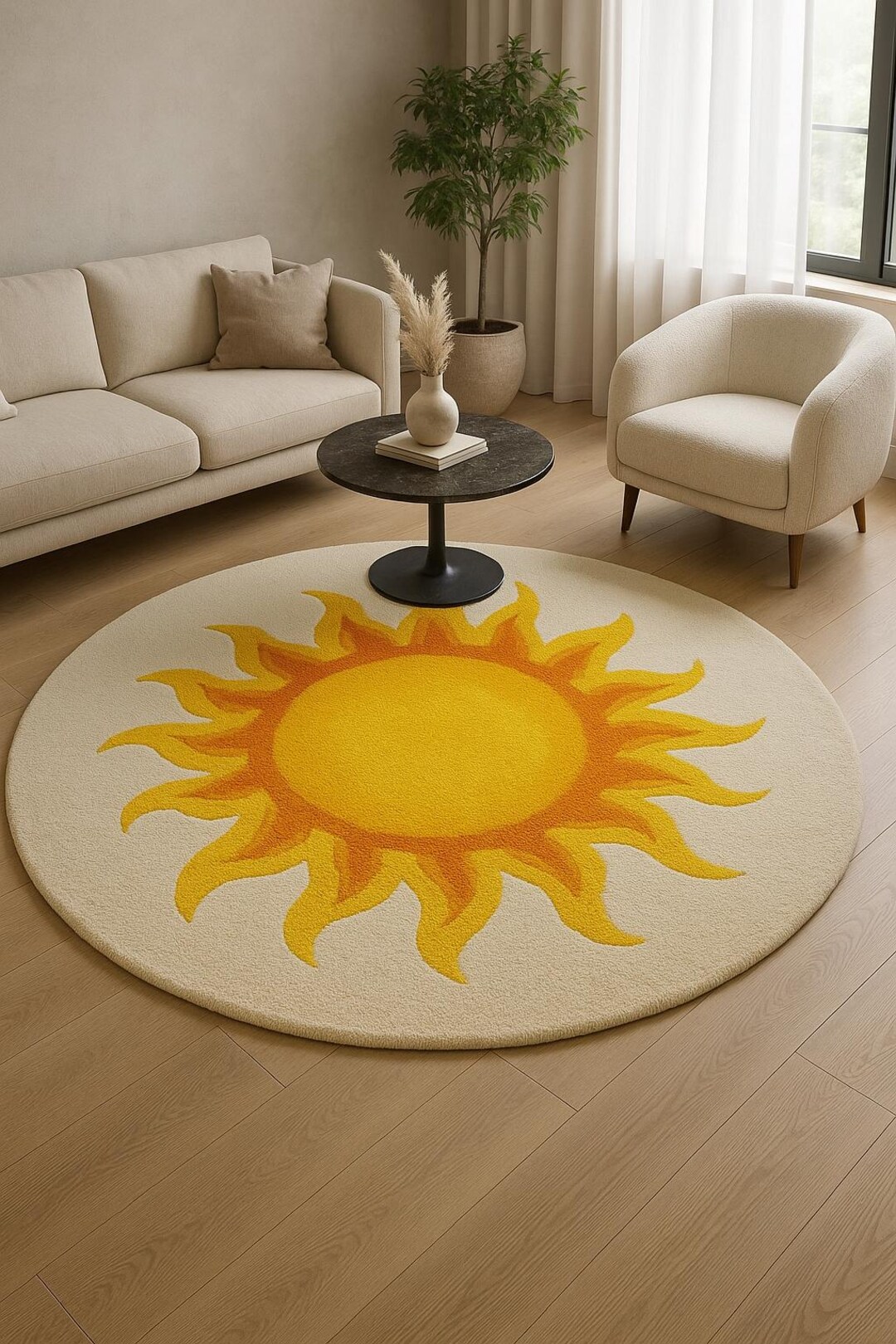 Hand Tufted Wool Rug: Yellow Sun Modern Round Carpet (6 Ft) - Etsy