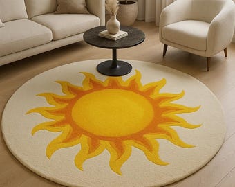 Hand Tufted Wool Rug: Yellow Sun Modern Round Carpet (6 ft)