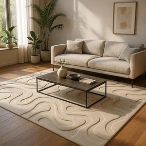 May include: A living room with a beige sofa, dark wood coffee table, and a cream rug with a wave design. The room is decorated with potted plants and a framed picture. The rug's dimensions are approximately 200 cm x 300 cm.