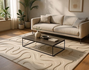 Hand Tufted Ivory & Cream Wool Rug – Modern Home Decor High Low Pile Carpet