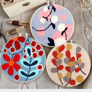 May include: Three round embroidery hoops with colorful floral designs. One features red flowers and blue leaves on a light blue background. Another has pink and white floral patterns on a light blue background. The third has red, yellow, and gray leaves.